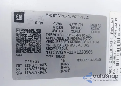 2019 Chevrolet Express 2500 Work Van из США, поврежденный, VIN 1GCWGAF11K1228565